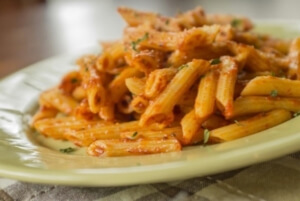 Penne pasta with tomato sauce.