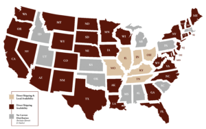 Map of United States reflecting Jeptha Creed Online Bottle Shopping Distribution