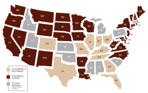 Map of United States showing Jeptha Creed Spirit availability.
