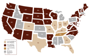 Map of continental United States showing distribution of Jeptha Creed products.