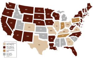Map of continental United States of America revealing which states can purchase Jeptha Creed Bourbon