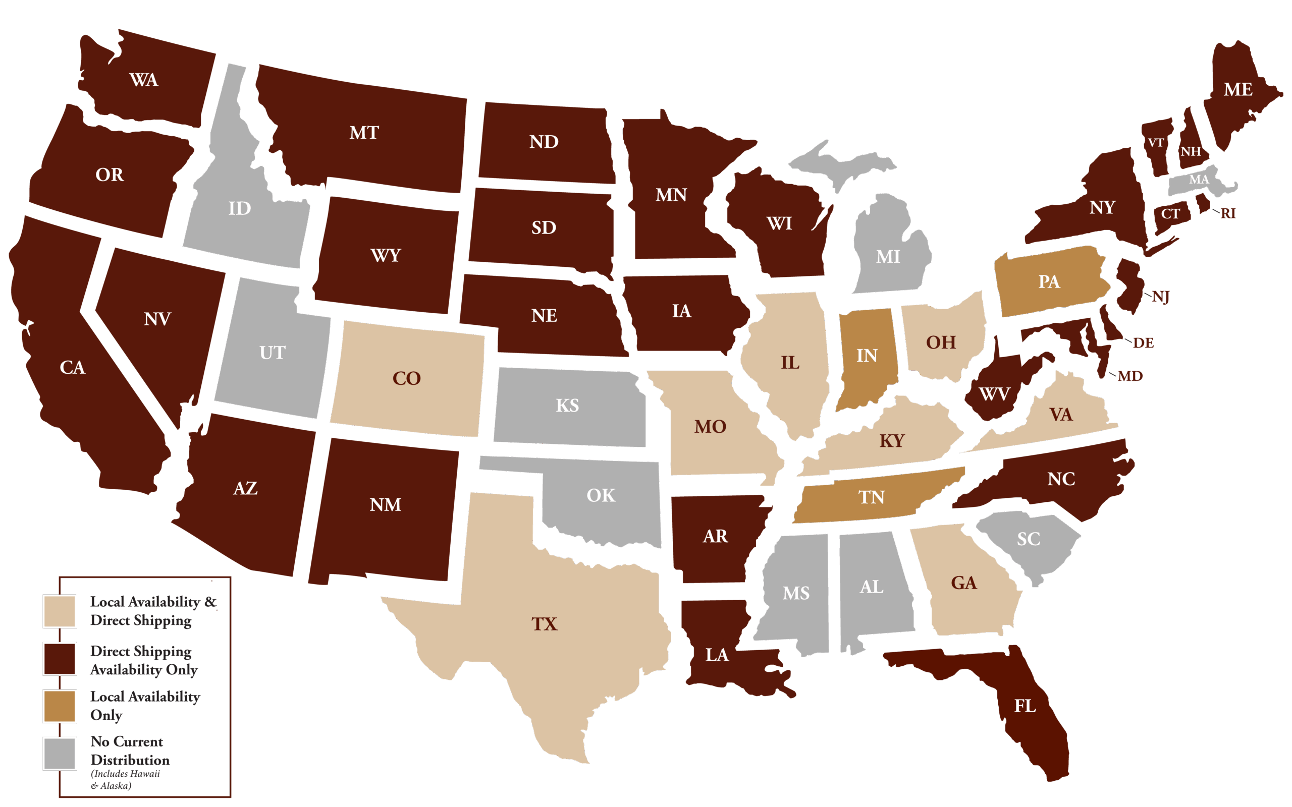 Map of continental United States of America revealing which states can purchase Jeptha Creed Bourbon