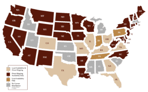 Map of the continental United States with color coding to indicate Jeptha Creed product availability