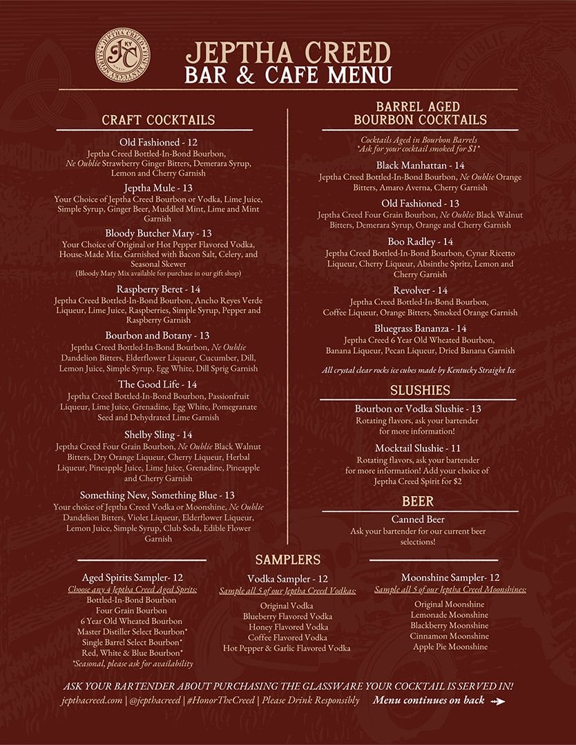 Menu of Jeptha Creed's bar offerings.