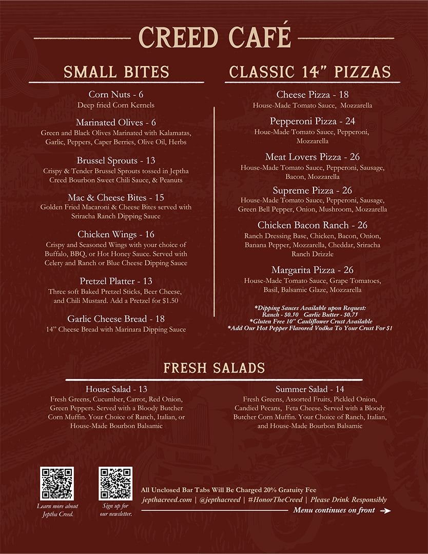 Jeptha Creed Café menu Spring of 2026.