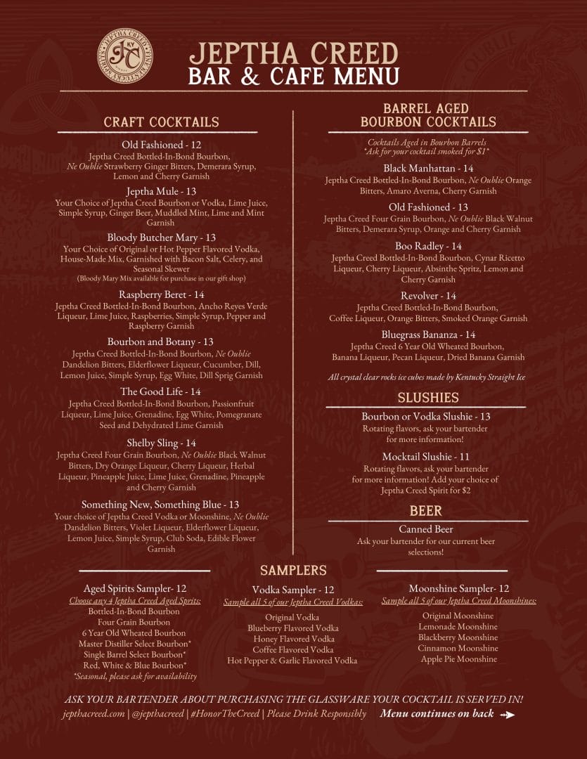 Jeptha Creed Spring Bar and Cafe Menu
