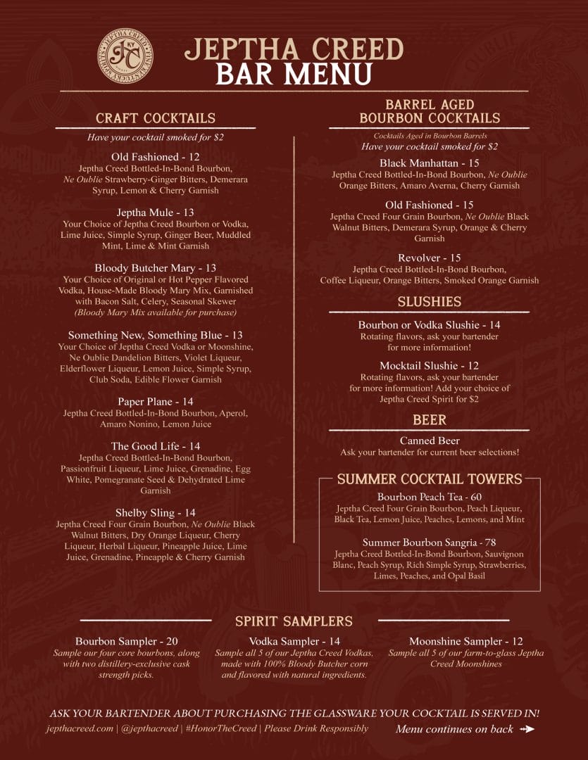 Jeptha Creed Bar Menu